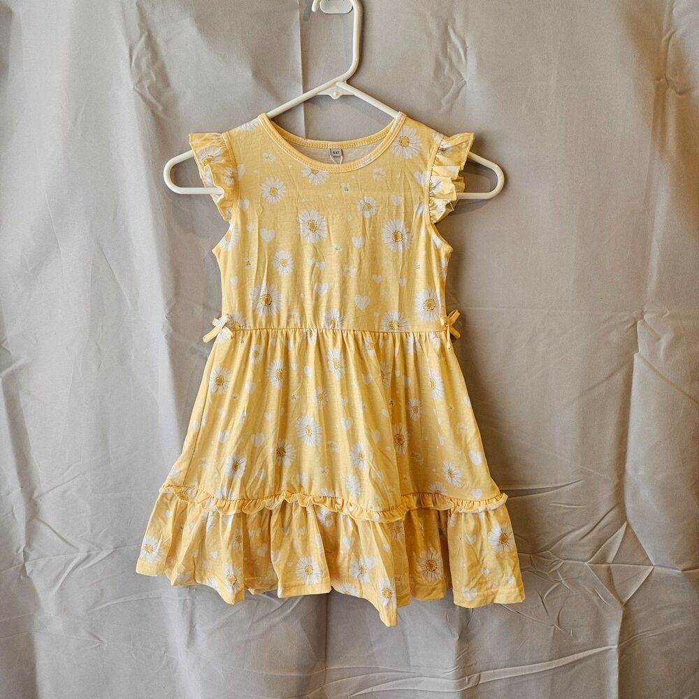 Cheerful Yellow Daisey & Heart Babydoll Dress 5-6T Flutter Sleeves Ruffled Skirt